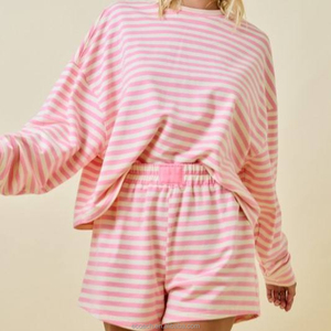 Manufacturer Custom Autumn <strong>Women's</strong> Striped Terry Loose <strong>Long</strong> Sleeves Crewneck Sweatshirts Pullover <strong>Shorts</strong> Two Piece Set for <strong>Women</strong> - Product Image 3