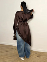 2026 Sharut Wholesale Dubai Robes, hauts en dentelle, chemises et blouses musulmanes pour femmes, à manches longues, décontractées, en satin, modestes, avec dentelle