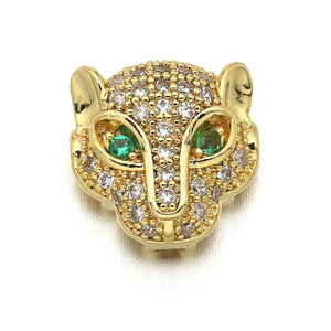 Perla in Ottone con Micro Pavé di Zirconia Cubica, Testa di Leopardo con Occhio Verde in CZ, per Creazione di Gioielli e Bracciali - Product Image 3