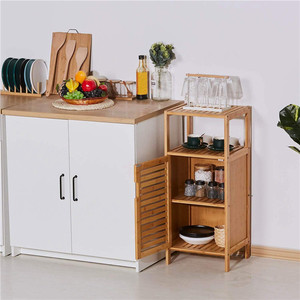 Mobiletto da Bagno Autoportante, Piccolo Armadietto in Bambù, Organizzatore con 4 Ripiani e Porta Singola, Tavolino Laterale per Divano - Product Image 2