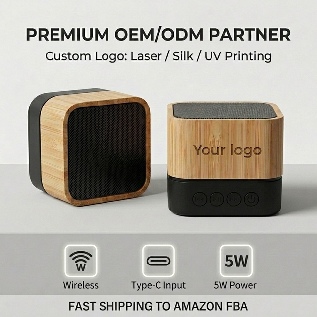 Eco-Friendly Natural Bamboo Wireless Speaker Sustainable Square Audio Box Small Mini Cube Premium Green Gifts for Business