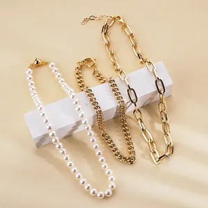 18K Gold Plated Brass Cuban Chain Imitation Pearl Heart Charm Pendant 3pc Women Fashion Jewelry Necklace Sets