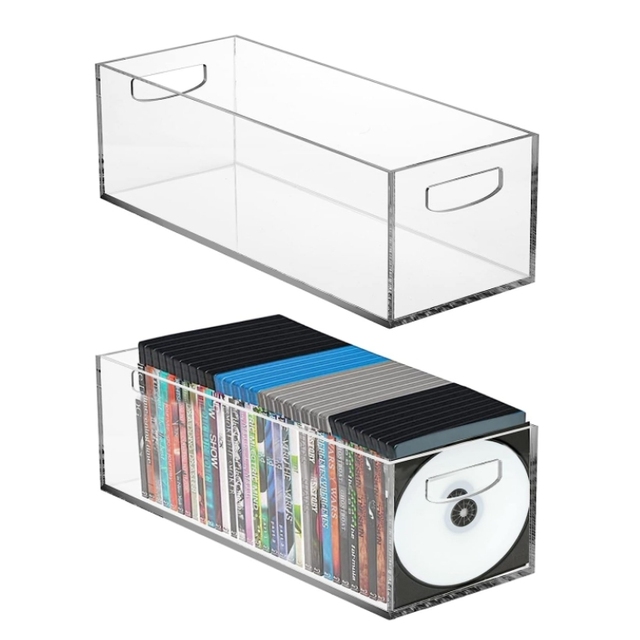 Acrylic Cd Storage Box, Clear Dvd Holder Case With Handles, Storage Container Shelf Organizer Bin for  Video Games, Blu-Ray, B