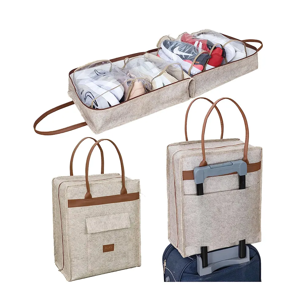 6 Pairs Shoe Packing Cubes Travel Storage Shoe felt Organizer Storage Bag With Leather Handles