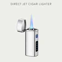 Briquet torche moderne en métal argenté brillant, coupe-vent, rechargeable USB, avec fenêtre de niveau de carburant visible, cadeau pour hommes, vente en gros