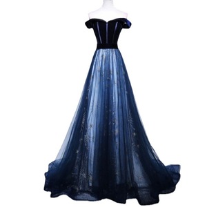 Evening Gown Women Long Navy Blue Off The Shoulder Empire Waist Tulle Dress Elegant Performance Trailing Gown - Product Image 5