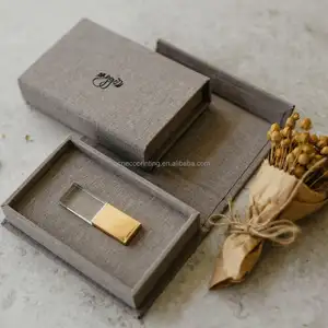 Embalagem de luxo com logotipo personalizado, caixas USB em tecido de linho com tampas magnéticas para casamento