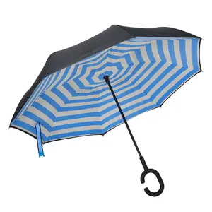 Hot Selling Double Layer Freisprech-Regenschirm Inside Out C-Form Griff invertiert Reverse Umbrella benutzer definierte Druck