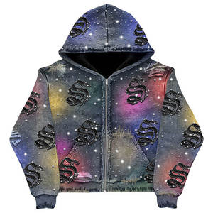 Sudadera con capucha personalizada vintage lavada y desgastada para hombre, OEM de fábrica, extragrande, de algodón 100% de alto gramaje, con cremallera y pedrería, para invierno - Product Image 3