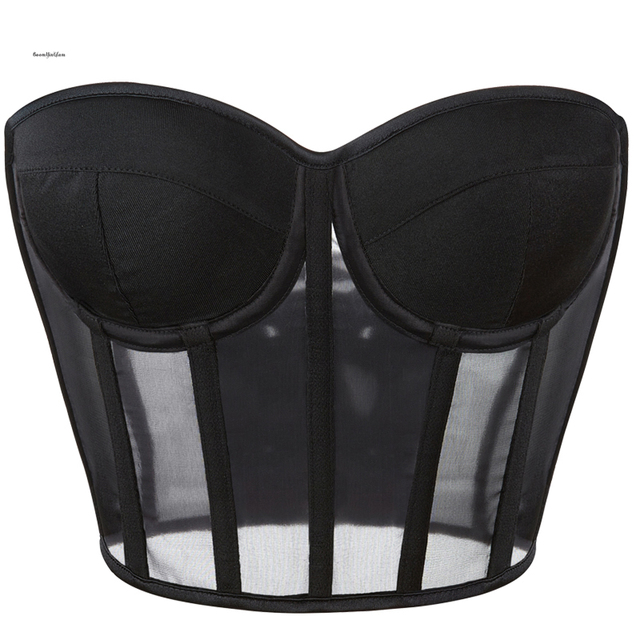 New Women Chiffon Lace up Front Sheer Mesh Insert Bodysuit Bustier Corset Shapewear Tube Top Medium Control