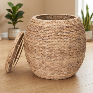 Handwoven Natural Water Hyacinth Storage <b>Basket</b> <b>With</b> <b>Lid</b> Rustic Bowl Style Eco-Friendly Multi-Purpose Container - Product Image 3