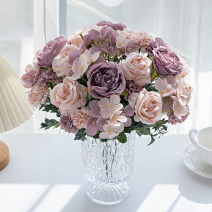 Buquê de Hortênsias e Rosas de 7 Hastes para Casamento, Simulação de Flores Artificiais, Decoração Simples para Sala de Estar, Mesa de Jantar e Casa - Product Image 4