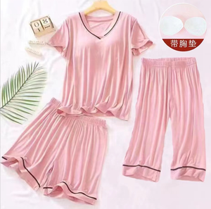Women's Summer Thin Simple V-Neck <strong>Cropped</strong> Shorts <strong>Pyjamas</strong> with Breast Pad Three-Piece Home Wear for Spring Knitted Fabric - Product Image 2