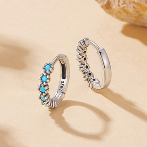 Boucles d'oreilles créoles en argent sterling 925 avec turquoise verte, cercle pavé, pour femme, bijoux fins vintage BSE1276 - Product Image 5