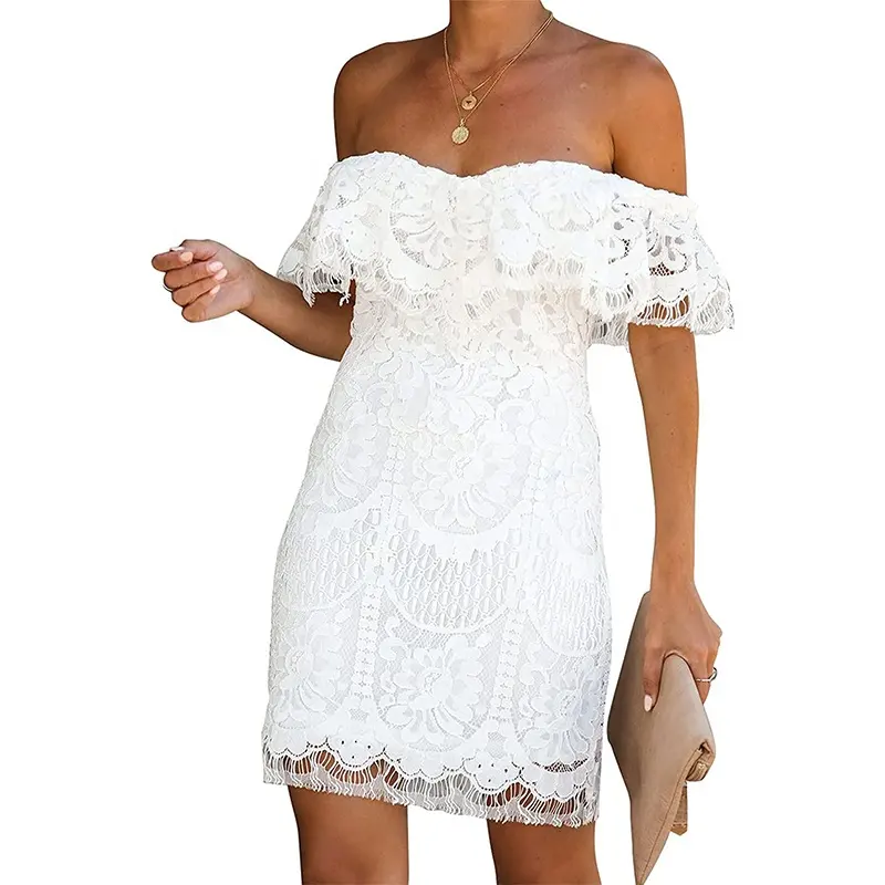 OEM custom white chiffon lace jacquard ruffle one word collar elegant sexy bodycon tube top party club dress