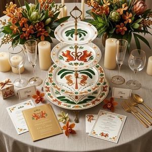Ensemble de vaisselle en céramique de luxe, motif tigre de la jungle, léopard, palmier tropical, vaisselle en porcelaine rétro, assiette ronde pour salade et dessert - Product Image 3
