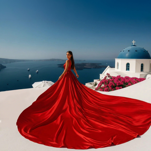 Elegante Vestido de Noche con Cola Fluida de Satén de Seda Carmesí Vibrante para Sesión de Fotos en Santorini, Vestido Maxi con Cuello en V y Estilo Envolvente - Product Image 2