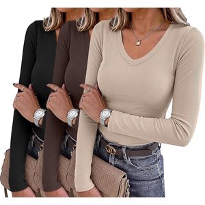 Camiseta de Manga Larga con Cuello en V para Mujer, Tejido Acanalado, Ajustada, Básica, Informal, para Otoño, Suave y Elástica, para Uso Diario - Product Image 2