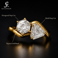 Toi Et Moi Bague de fiançailles en or massif avec deux diamants de laboratoire, taille hexagonale, coupe étagée, style bypass