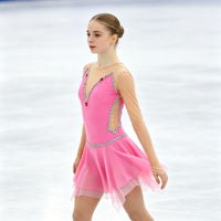 Robe de patinage artistique rose vif en maille à manches longues avec strass et col en V pour enfants et adultes, idéale pour les compétitions et spectacles de patinage sur glace