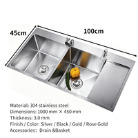 Robinet de cuisine moderne sous plan, double vasque, en acier inoxydable 304, fait main, avec levier argenté, montage monotrou