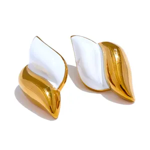 JINYOU 3727 White Enamel Stainless Steel Fashion Metal Stud Earrings for Women Waterproof Classic Stylish Golden Daily Jewelry