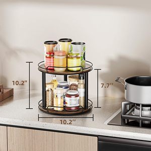 <b>Rotating</b> <b>Spice</b> <b>Rack</b> Double Layer Wooden Kitchen Storage Organizer With Iron Frame For Seasoning And Oil Bottles - Product Image 2