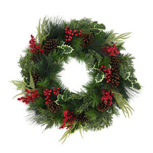 พวงหรีดคริสต์มาสทรงกลมคลาสสิก ตกแต่งด้วยผลเบอร์รี่สีแดงและโคนต้นสน สำหรับงานออกแบบแฟชั่น - Product Image 1