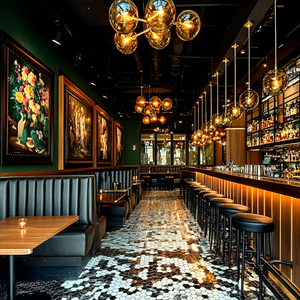 Ensemble de meubles Ron Group pour restaurant commercial : <span class=keywords><strong>table</strong></span> carrée en bois, banquette rembourrée en cuir à dossier haut et tabourets de bar - Product Image 1