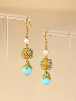 Boucles d'oreilles pendantes personnalisées OEM/ODM pour femmes en argent sterling 925 plaqué or, avec turquoise, filigrane, perle et pierre bleue, pour mariage et soirée