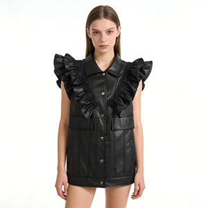 Gilet en similicuir noir à volants pour <span class=keywords><strong>femme</strong></span>, veste <span class=keywords><strong>sans</strong></span> manches en PU, vente directe d'usine - Product Image 2
