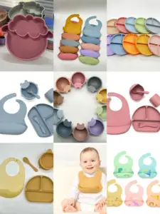 Bpa Set mangkuk silikon untuk bayi, Set celemek bayi bahan silikon bebas Bpa, set mangkuk silikon untuk bayi