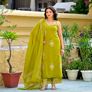 Premium Lime Green 60x60 Cotton Applique Embroidered Suit Set with Sleeveless <b>Kurta</b> Palazzo and Dupatta for <b>Women</b> - Product Image 1