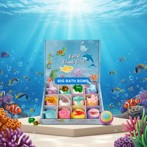 Bombes de <span class=keywords><strong>bain</strong></span> pour enfants en marque privée, 12 pièces, 60g, écologiques, logo personnalisé, jouet animal marin, ingrédients naturels, soin nourrissant pour la peau - Product Image 1