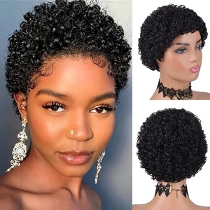 Pelucas rizadas cortas para mujeres negras Peluca de cabello Cabello humano negro natural Pixie Cut Peluca rizada con flequillo Peluca hecha a máquina completa - Product Image 1
