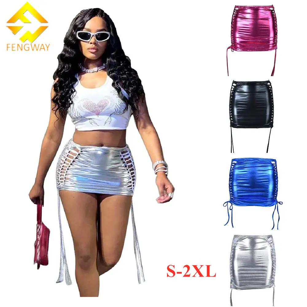 2023 New Arrivals Summer Shiny Pu Leather Mini Skirt Solid Color Hollow Out Tassel Lace-Up Stretchy Sexy Skirt For Women