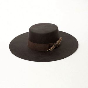 Fashion Retro British 100% Wool Flat <b>Top</b> Fedora Hat Brimmed Webbing <b>Feather</b> Decoration Winter Fedora Hats - Product Image 5
