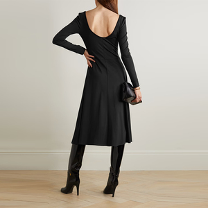 Produttore di abbigliamento personalizzato primavera autunno scollo a V manica lunga aperta posteriore elegante abito <span class=keywords><strong>nero</strong></span> casual da donna midi - Product Image 4