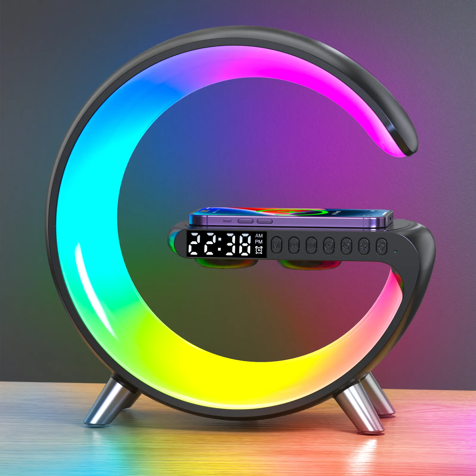 2023 new 9 in 1 audio alarm clock wireless phone charger Colorful smart night light APP control lighting 15W fast charging