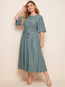 New Arrived Golden Line Lattice <strong>Blue</strong> Color Waist Belt Plus Size Women's Long Casual <strong>Dresses</strong> - Product Image 4