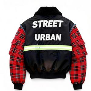 Chaqueta Bomber Personalizada para Hombre, Manga Larga a Cuadros, Cuero/Algodón, Estilo Urbano, Parches Reflectantes, Cuello de Forro Polar Cálido para Invierno - Product Image 3