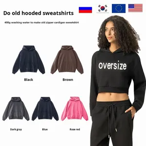 Cross-Border European and American <strong>Women's</strong> Clothing Hooded Crop Top Short Sweatshirt Summer Loose Oversize 100% Cotton <strong>Fleece</strong> - Product Image 1