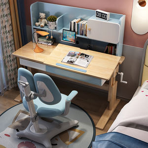 Bureau moderne et simple en bois massif avec bibliothèque intégrée et chaises pour les élèves du primaire et du secondaire - Product Image 2