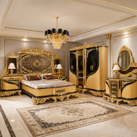 Lit King Size en Bois Massif Sculpté à la Main avec Feuille d'Or Haut de Gamme, Style Européen Traditionnel Turc, Ensemble de Meubles de Luxe pour Chambre Principale