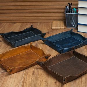 Handmade Genuine Leather <b>Foldable</b> Valet Personalized <b>Desk</b> Organizer Home Office Decorative Catchall Dice Tray - Product Image 4