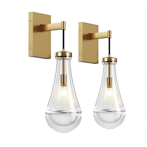 Set di due applique da parete moderne in ottone con paralumi in vetro a goccia, illuminazione per interni, luce da toeletta per soggiorno, E26 LED 2700K bianco caldo - Product Image 1