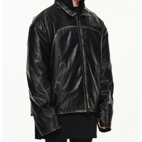 Veste en cuir PU noire cirée vintage pour homme, style streetwear, coupe oversize, avec coutures contrastées et fentes apparentes