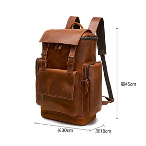 Crazy Horse Leather Travel <b>Backpack</b> 20 Inches Large Capacity Men's <b>Student</b> <b>Backpack</b> Solid Color Interior Zipper Pocket - Product Image 2