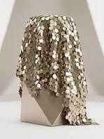 Tissu tricoté mat champagne à sequins octogonaux brodés, poids moyen, maille à grands sequins irréguliers, luxe sur mesure haute couture