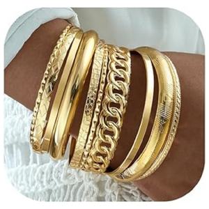 Pulseras de oro If <span class=keywords><strong>ME</strong></span> para mujer, brazaletes indios, conjunto apilable, con textura multicapa, chapado en oro de 14 quilates - Product Image 1